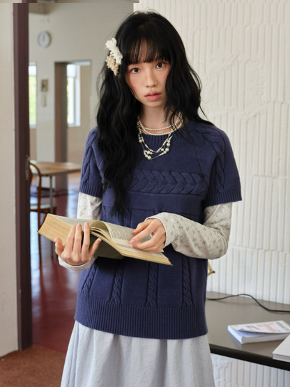 DAILY ARTIST - Navy Cable Knit Short-Sleeve Top