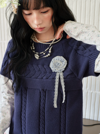 DAILY ARTIST - Navy Cable Knit Short-Sleeve Top