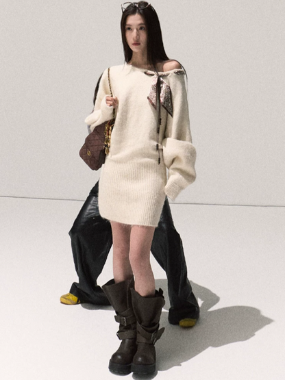 OAKMOO/ Almond White Wool-Blend Off-Shoulder Bodycon Knit Dress (With Scarf)