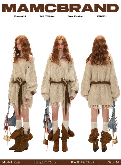 MAMC - Oatmeal Off-Shoulder Fringe Sweater (With Belt) WE430