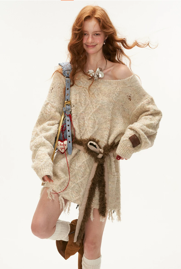 MAMC - Oatmeal Off-Shoulder Fringe Sweater (With Belt) WE430