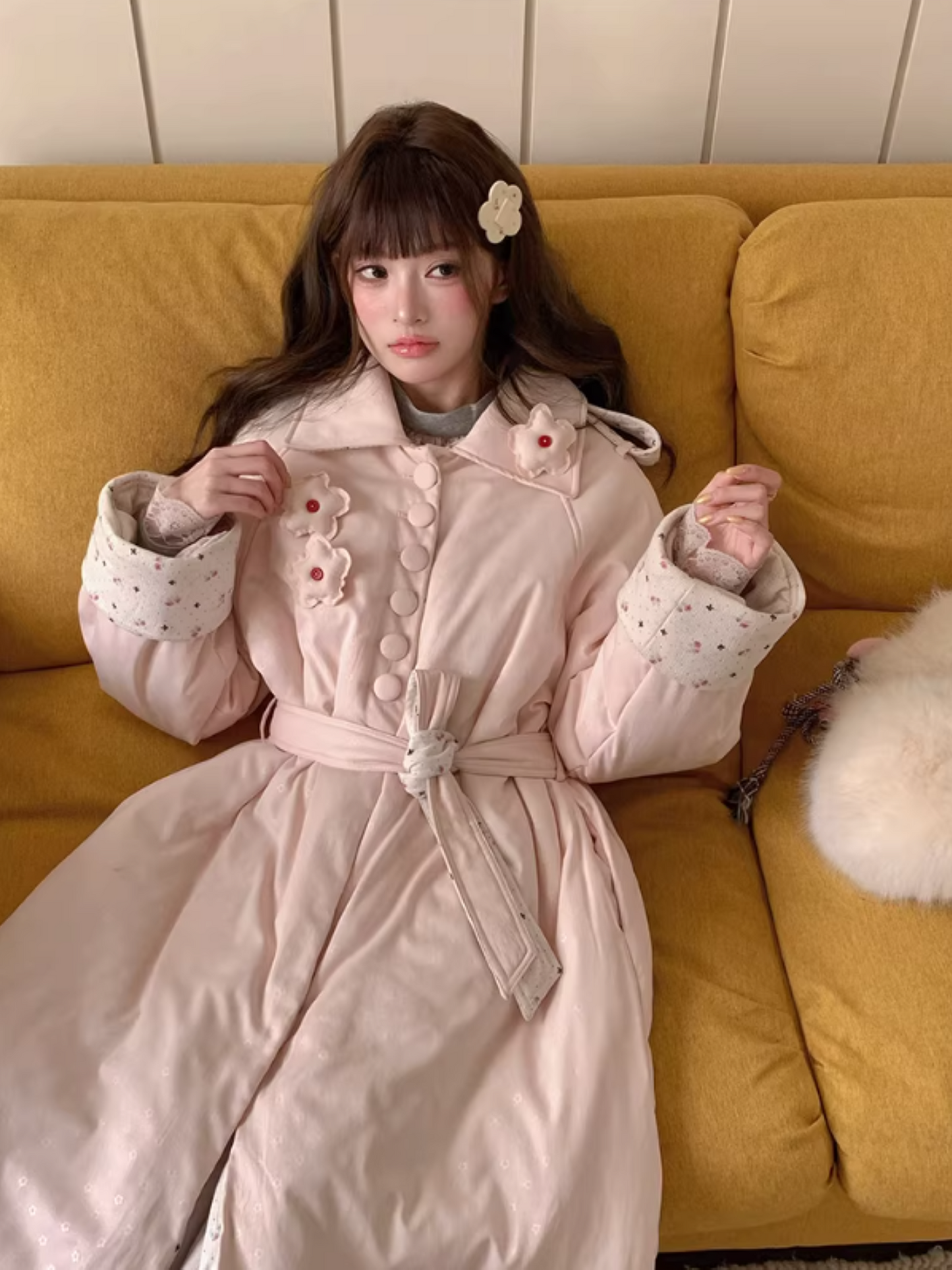 阮阮自制 - Honey Blossom Blush Floral Long Puffer Jacket