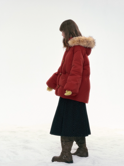 “Redwood Reverie” Festive Red Duffle-Hood Down Jacket LL2025317