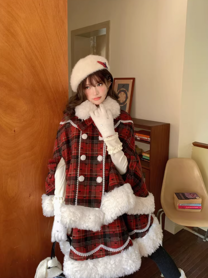 阮阮自制 - "Snowberry Dream" Plaid Cape Wool Blend Two-Piece Winter Set