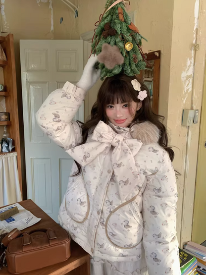 阮阮自制 - "Fluffy Pup" Bow-Detail Puppy Print Puffer Jacket