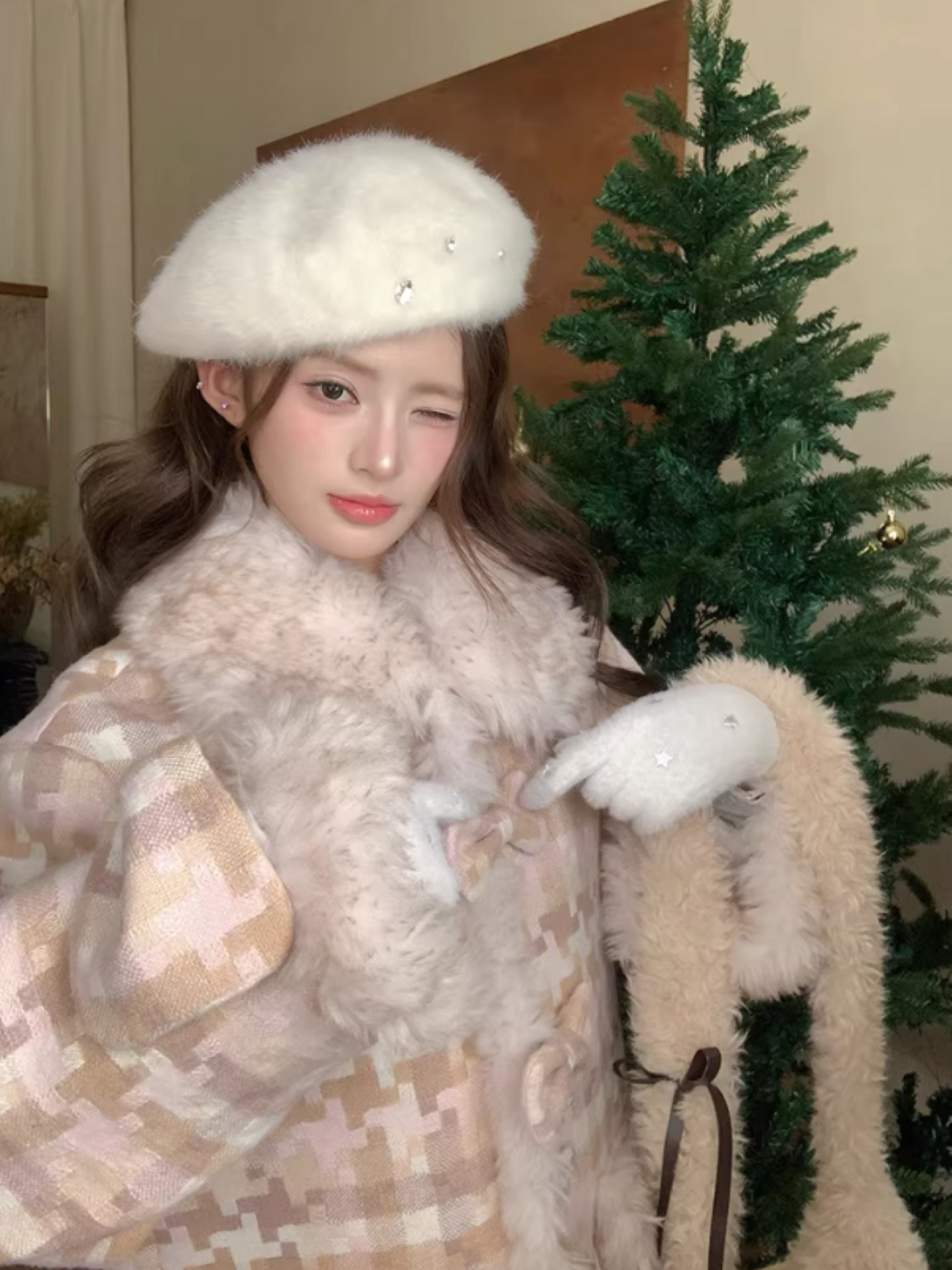 阮阮自制 - Clara Bow Blush Plaid Wool-Blend Padded Coat