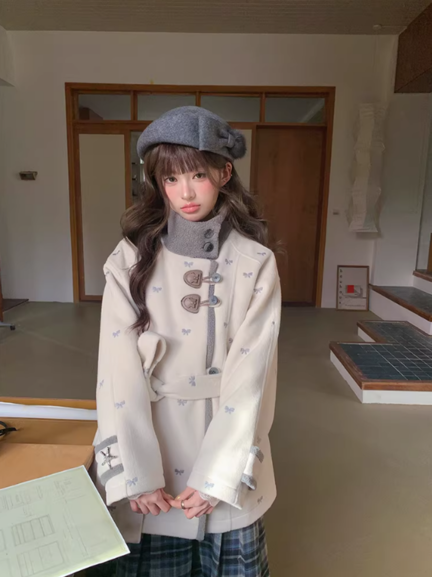 阮阮自制 - "Fog Whisper" Bow Embroidered Wool-Blend Padded Coat