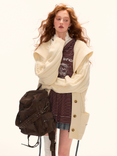 MAMC - Lazy Knit Cardigan with Contrast Stitching (Vintage Cream)