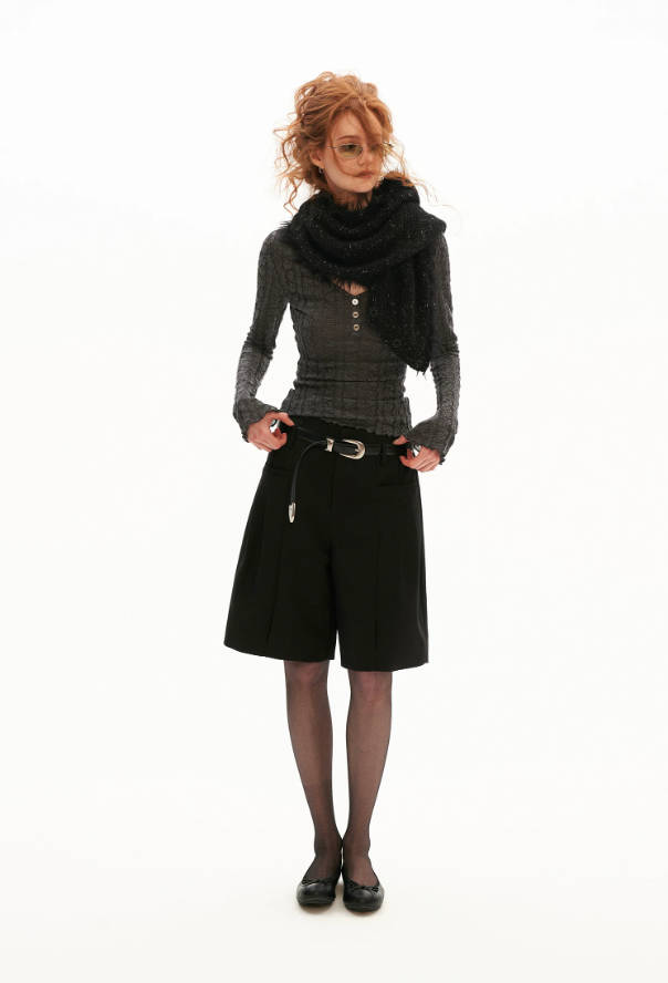 Tailored High-Waist Bermuda Suit Shorts (White / Black)