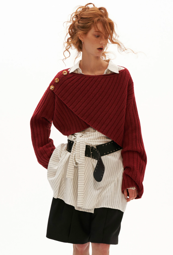 MAMC - Soft Recycled Airy Knit Cross-Neck Sweater (Red / Yellow / Ivory)
