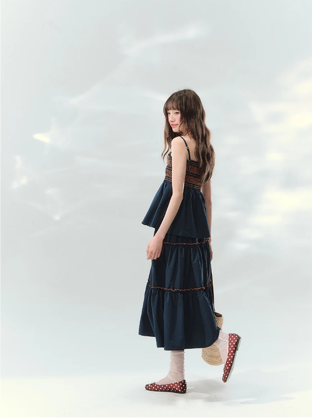 “Bohemian Travel Notes” Navy Beaded Cami & Tiered Maxi Skirt Set