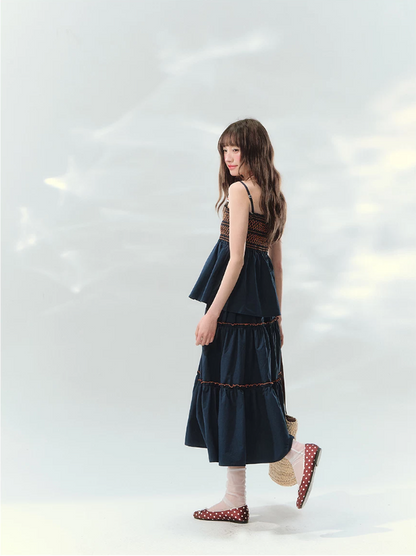 “Bohemian Travel Notes” Navy Beaded Cami & Tiered Maxi Skirt Set