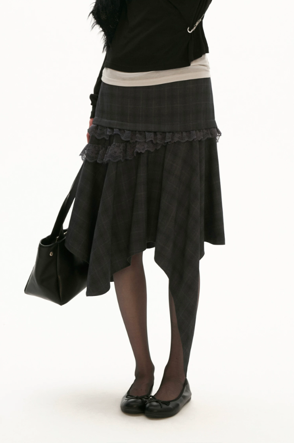 Grey Plaid Asymmetrical Lace Midi Skirt