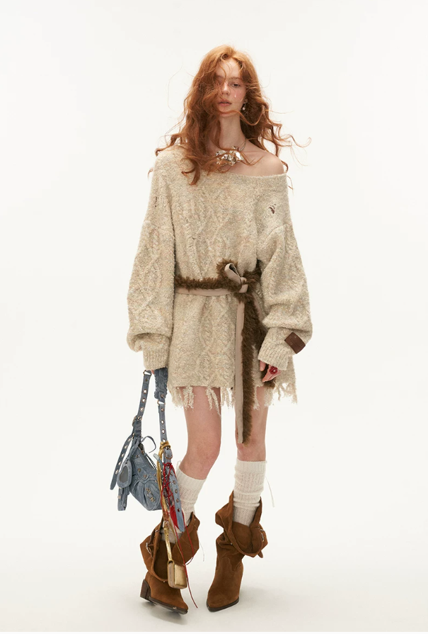 MAMC - Oatmeal Off-Shoulder Fringe Sweater (With Belt) WE430