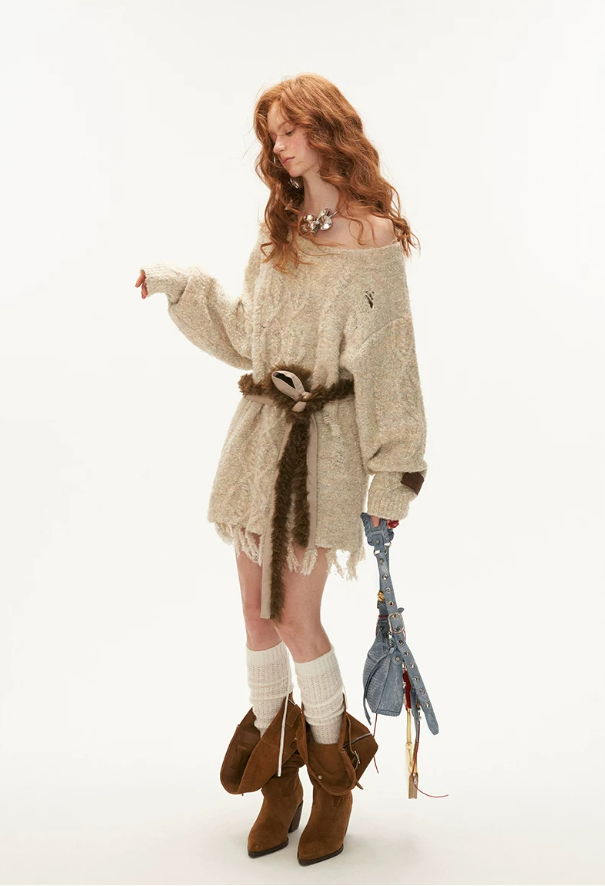 MAMC - Oatmeal Off-Shoulder Fringe Sweater (With Belt) WE430