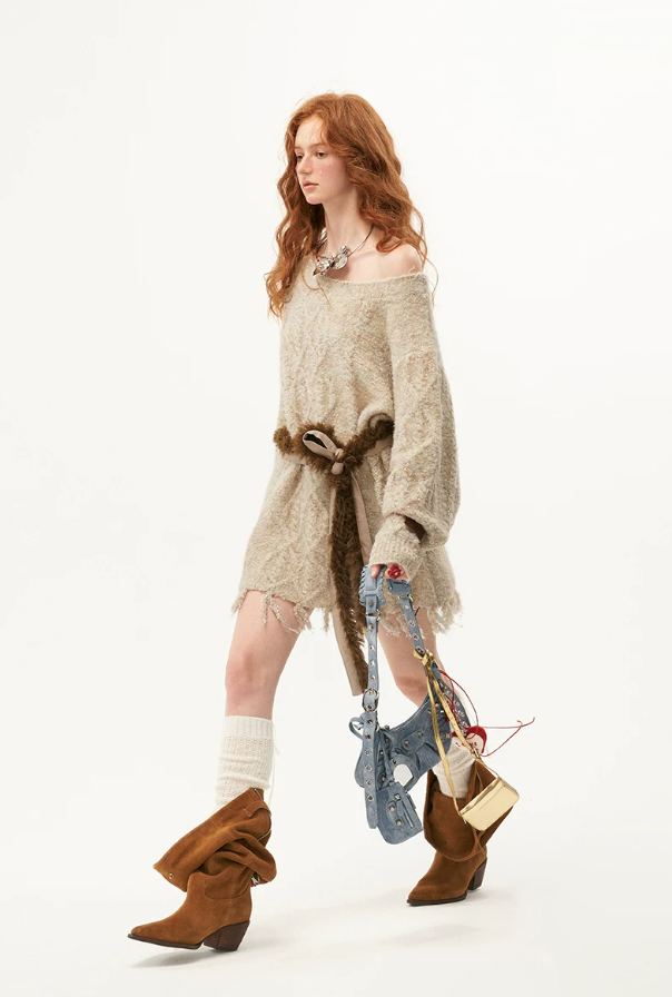MAMC - Oatmeal Off-Shoulder Fringe Sweater (With Belt) WE430