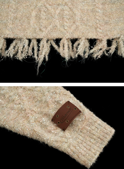 MAMC - Oatmeal Off-Shoulder Fringe Sweater (With Belt) WE430