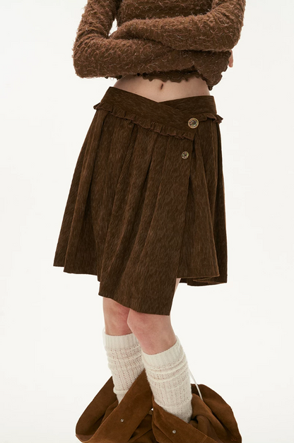 MAMC - Brown Asymmetric Waist Pleated Mini Skirt