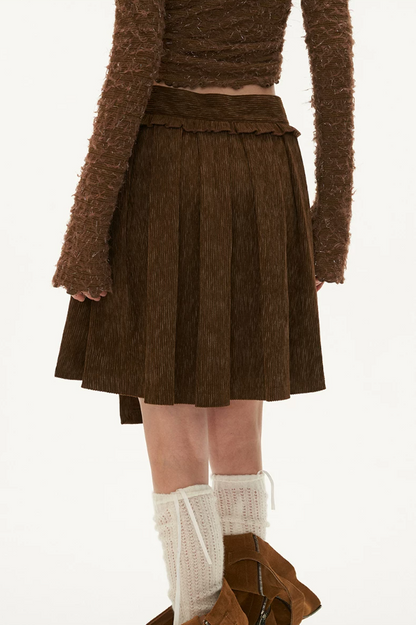 MAMC - Brown Asymmetric Waist Pleated Mini Skirt