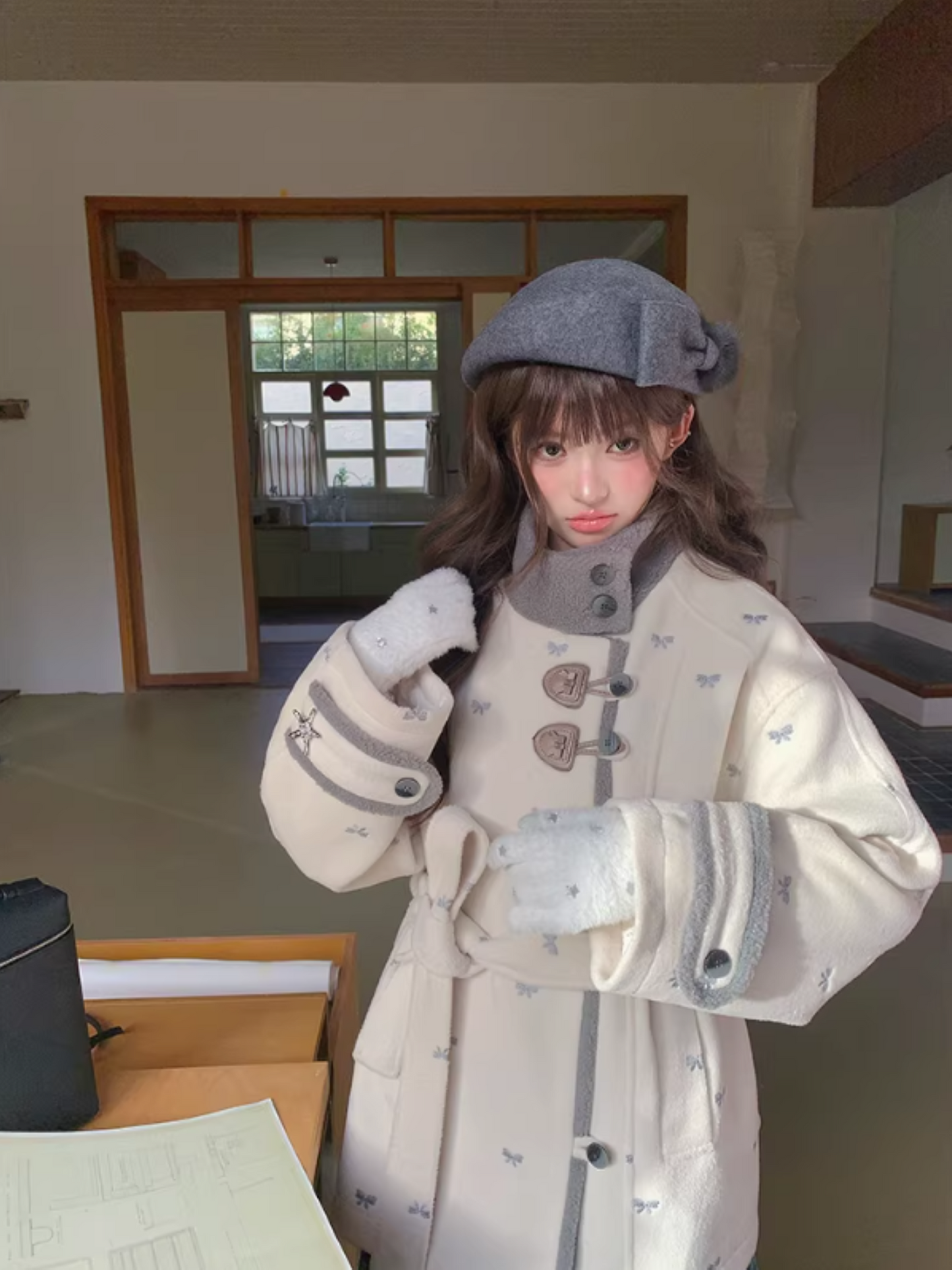 阮阮自制 - "Fog Whisper" Bow Embroidered Wool-Blend Padded Coat
