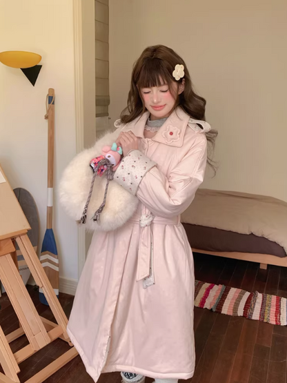 阮阮自制 - Honey Blossom Blush Floral Long Puffer Jacket