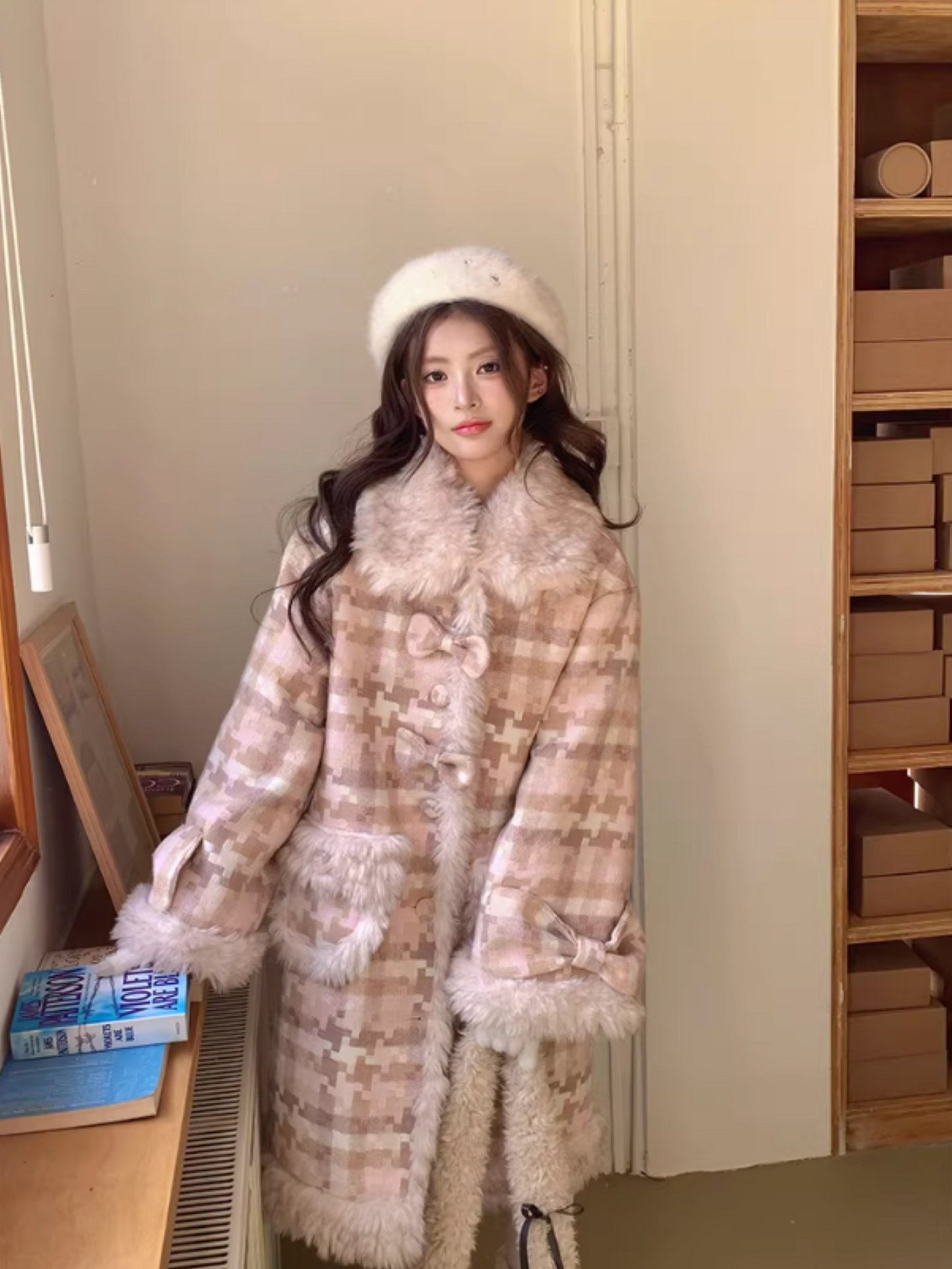 阮阮自制 - Clara Bow Blush Plaid Wool-Blend Padded Coat