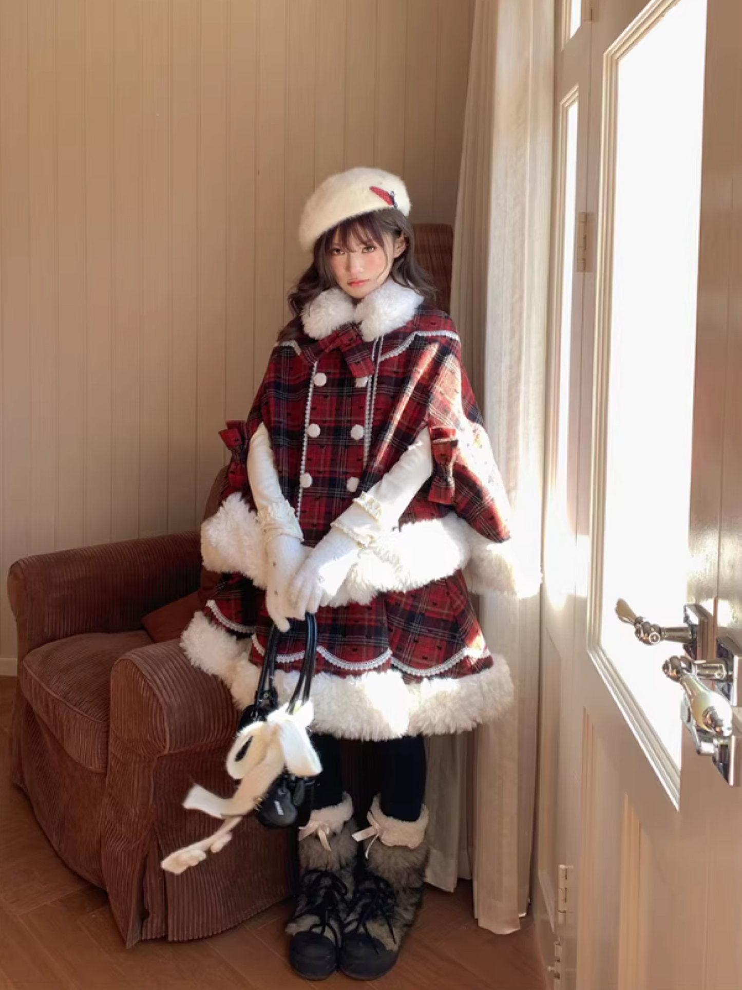 阮阮自制 - "Snowberry Dream" Plaid Cape Wool Blend Two-Piece Winter Set