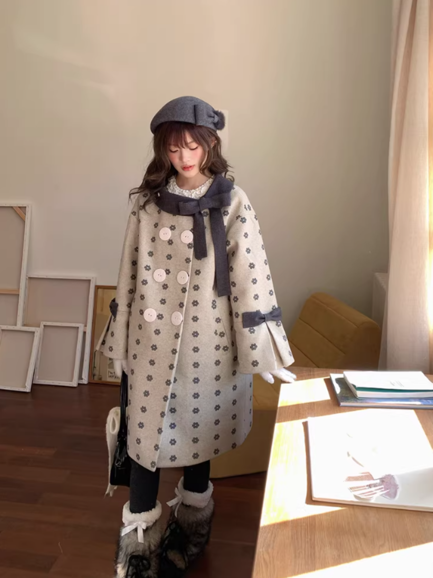 阮阮自制 - "Mild Butterfly" Bow-Embroidered Padded Wool-Blend Winter Coat
