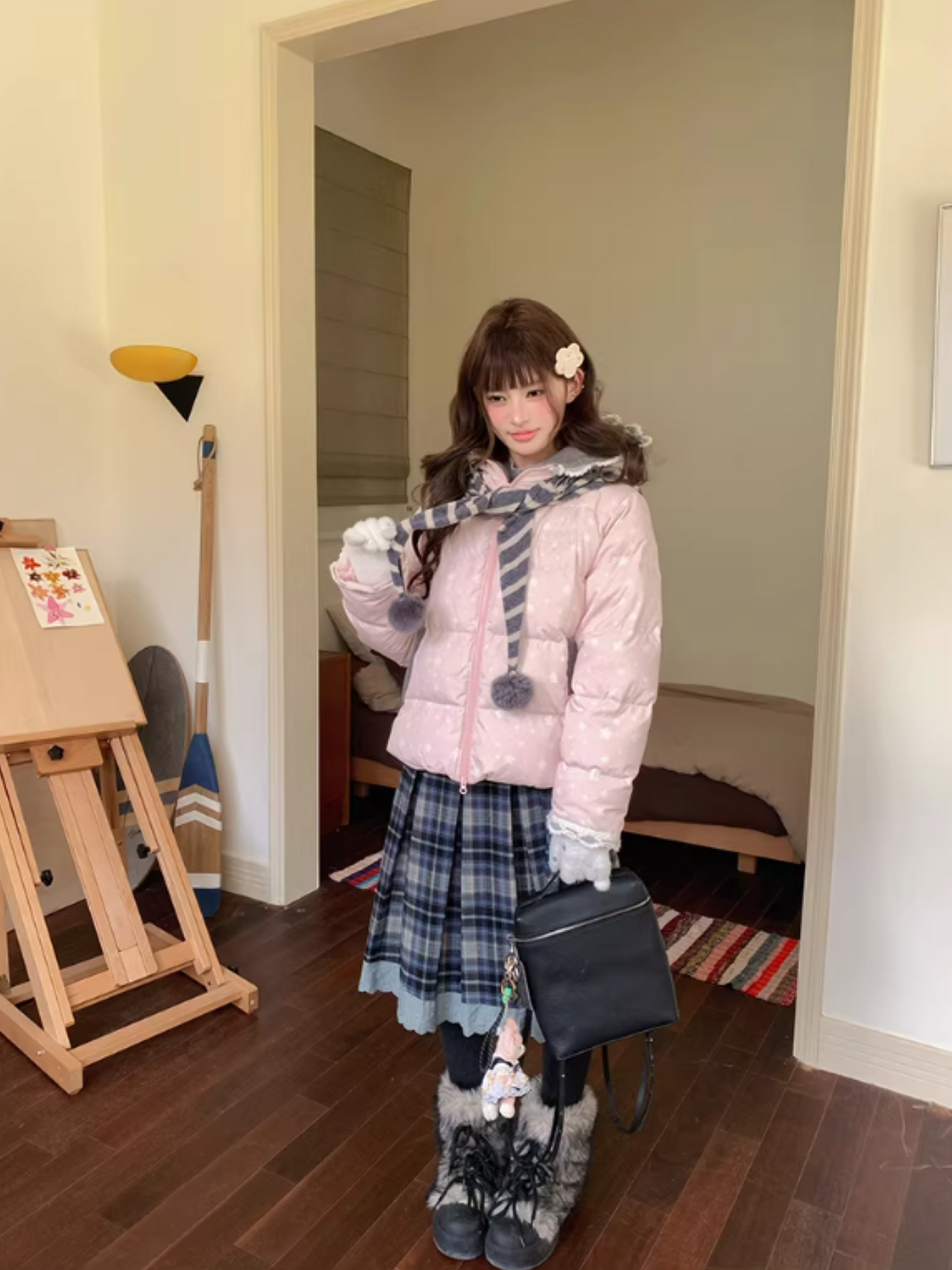 阮阮自制 - "Cherry Amber Star" Star Hooded White Duck Down Jacket