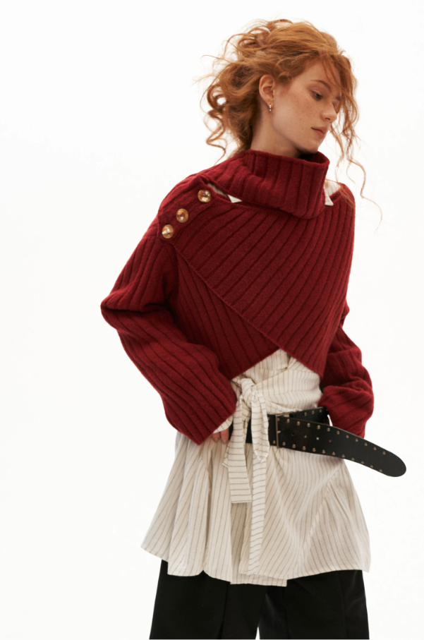 MAMC - Soft Recycled Airy Knit Cross-Neck Sweater (Red / Yellow / Ivory)