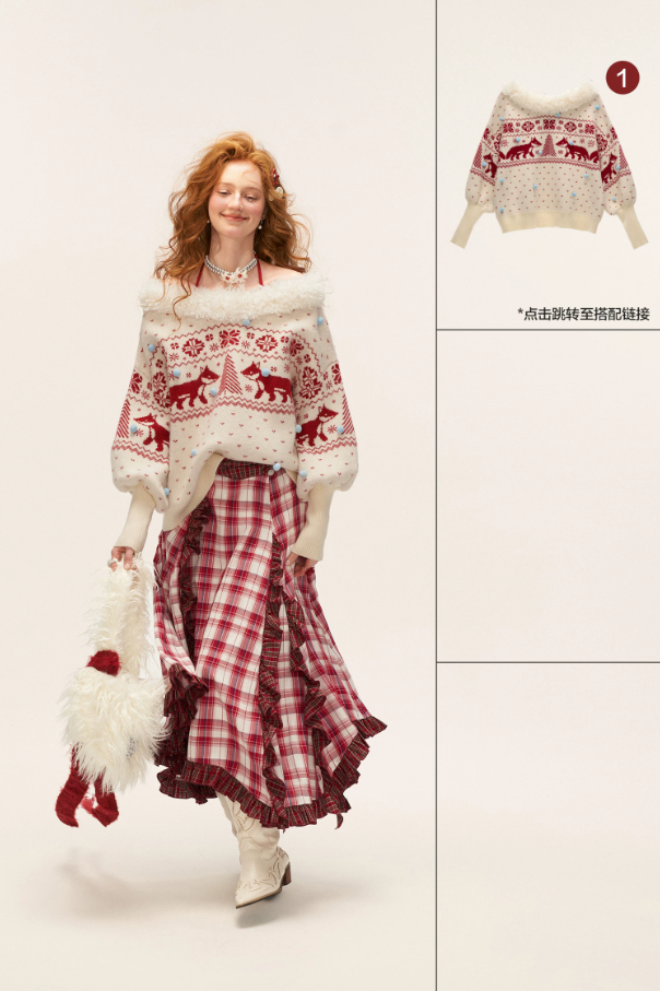 MAMC - Asymmetrical Plaid Maxi Skirt with Ruffle Hem (Red)