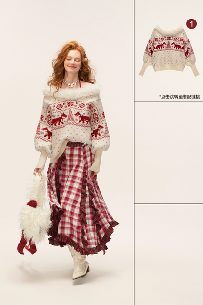 MAMC - Asymmetrical Plaid Maxi Skirt with Ruffle Hem (Red)