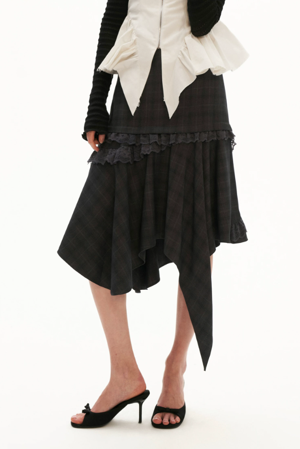 Grey Plaid Asymmetrical Lace Midi Skirt