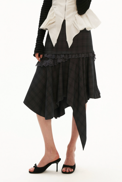 Grey Plaid Asymmetrical Lace Midi Skirt