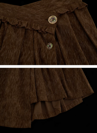 MAMC - Brown Asymmetric Waist Pleated Mini Skirt