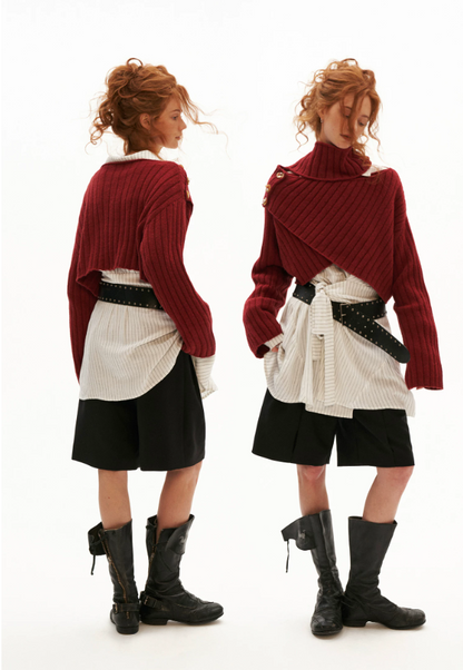 MAMC - Soft Recycled Airy Knit Cross-Neck Sweater (Red / Yellow / Ivory)