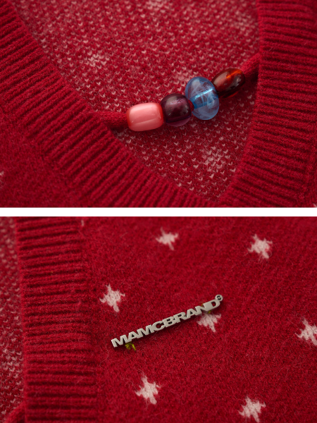 MAMC - Vintage Crochet V-Neck Puff Sleeve Sweater WE837 - RED