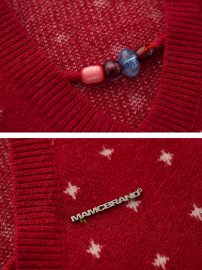 MAMC - Vintage Crochet V-Neck Puff Sleeve Sweater WE837 - RED