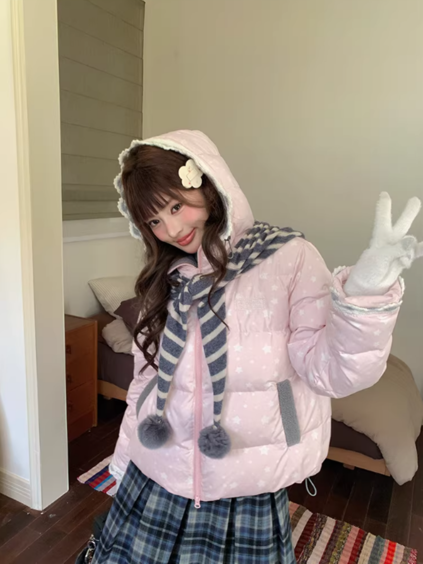 阮阮自制 - "Cherry Amber Star" Star Hooded White Duck Down Jacket