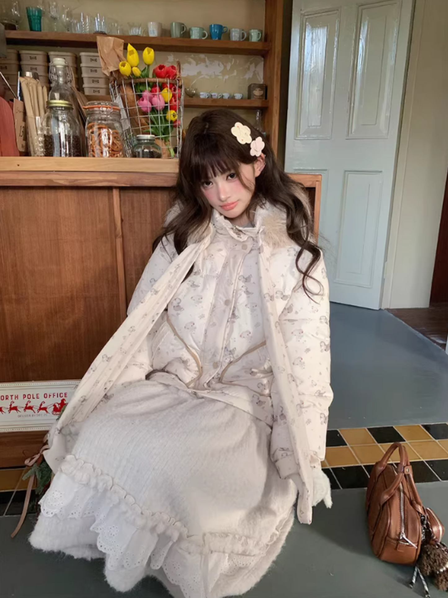 阮阮自制 - "Fluffy Pup" Bow-Detail Puppy Print Puffer Jacket