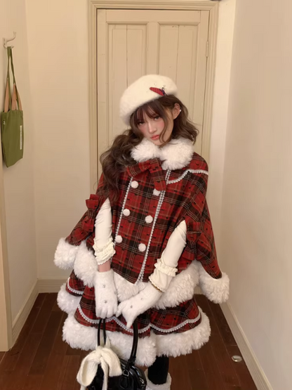 阮阮自制 - "Snowberry Dream" Plaid Cape Wool Blend Two-Piece Winter Set