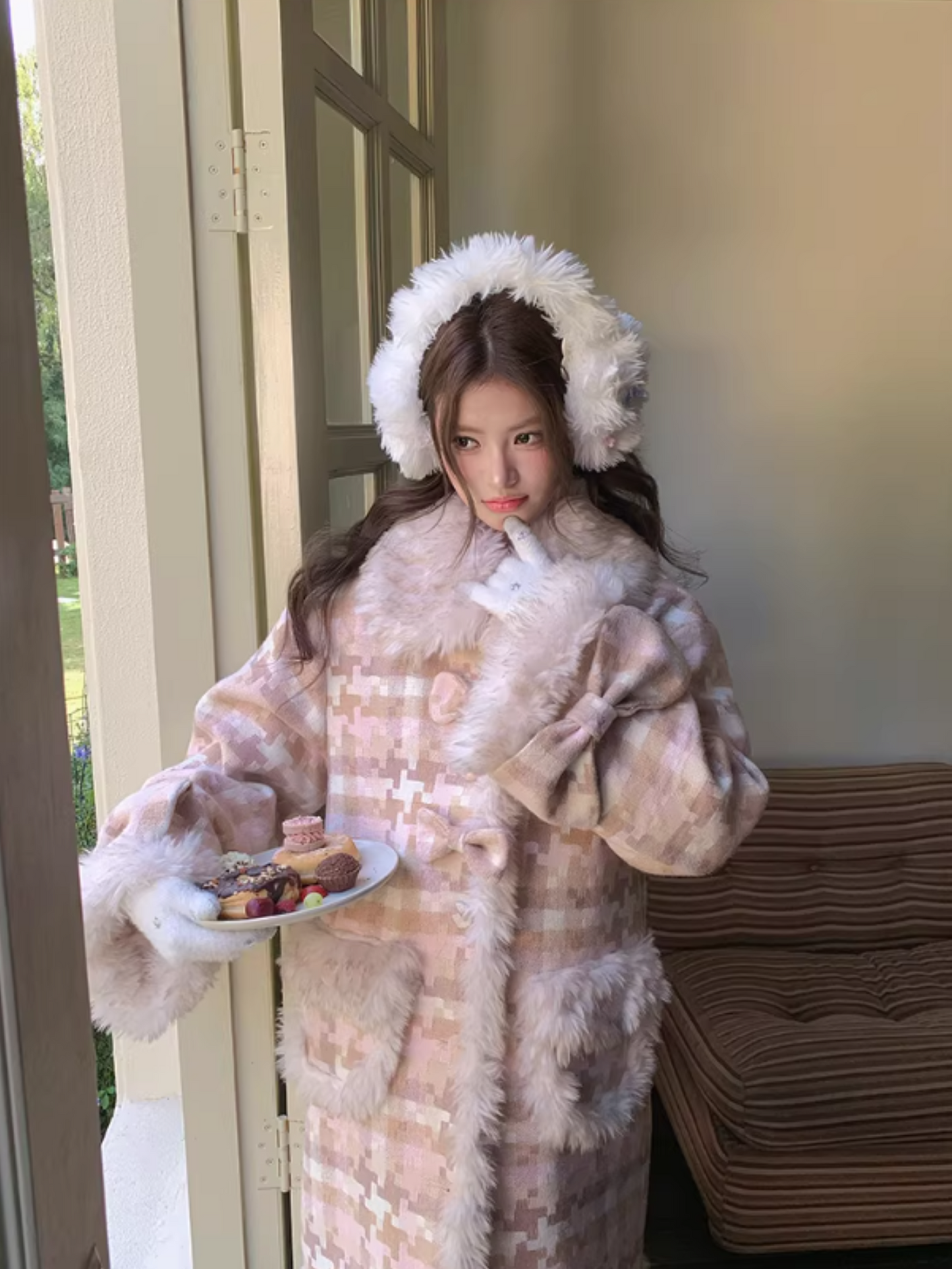 阮阮自制 - Clara Bow Blush Plaid Wool-Blend Padded Coat