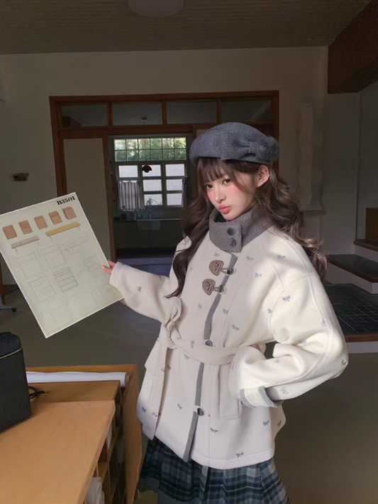 阮阮自制 - "Fog Whisper" Bow Embroidered Wool-Blend Padded Coat