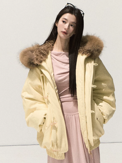OAKMOO/ Cheese Pale Yellow Down Parka with Detachable Raccoon Fur Trim