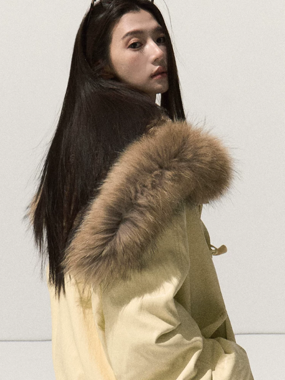 OAKMOO/ Cheese Pale Yellow Down Parka with Detachable Raccoon Fur Trim