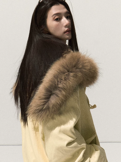 OAKMOO/ Cheese Pale Yellow Down Parka with Detachable Raccoon Fur Trim