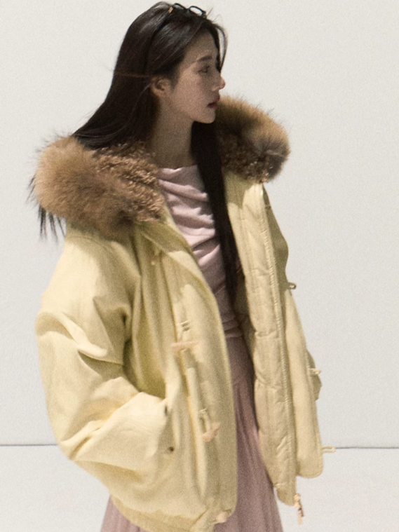 OAKMOO/ Cheese Pale Yellow Down Parka with Detachable Raccoon Fur Trim