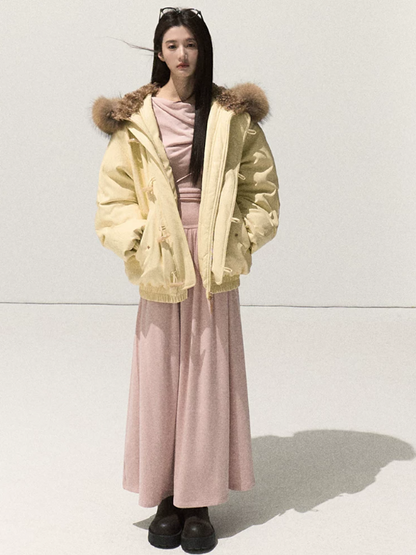 OAKMOO/ Cheese Pale Yellow Down Parka with Detachable Raccoon Fur Trim