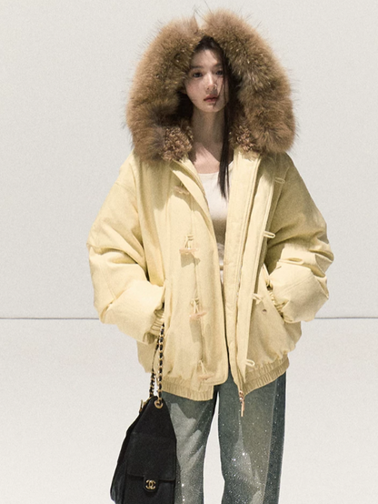 OAKMOO/ Cheese Pale Yellow Down Parka with Detachable Raccoon Fur Trim