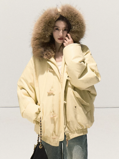 OAKMOO/ Cheese Pale Yellow Down Parka with Detachable Raccoon Fur Trim